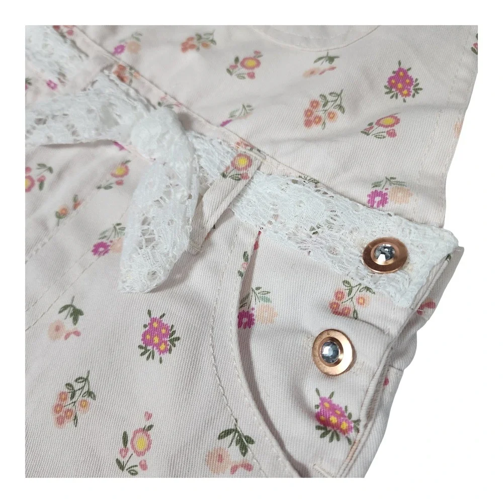 Girls Pink Floral Denim Shortalls with Lace Bow and 3D Flower Size 5
